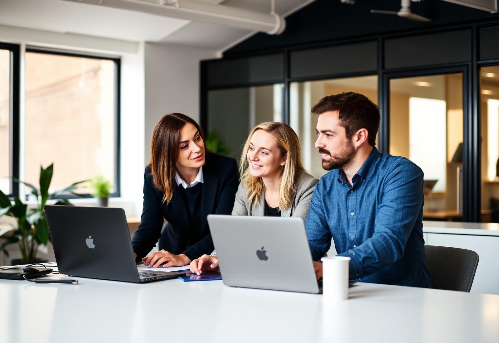 A small business team working together in a bright office